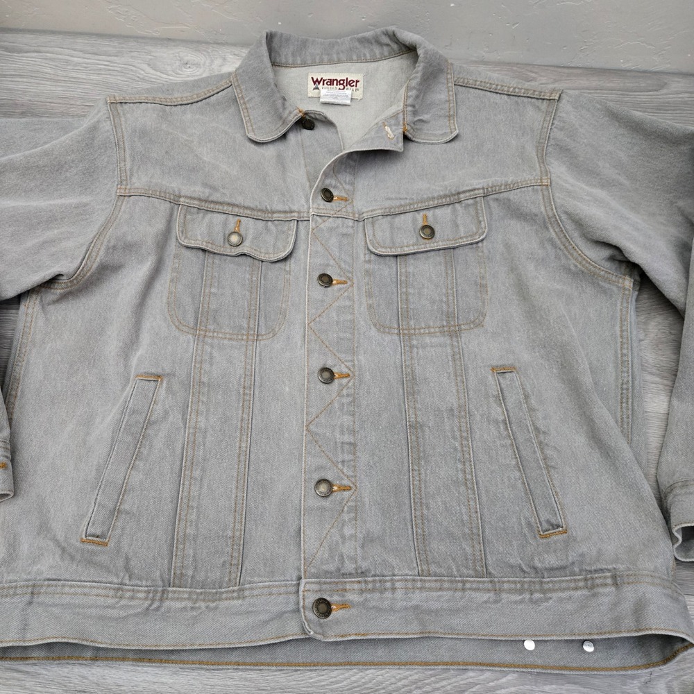 Y2K Wrangler Gray Denim Jacket Size XL Rugged Wear Trucker Western Vintage